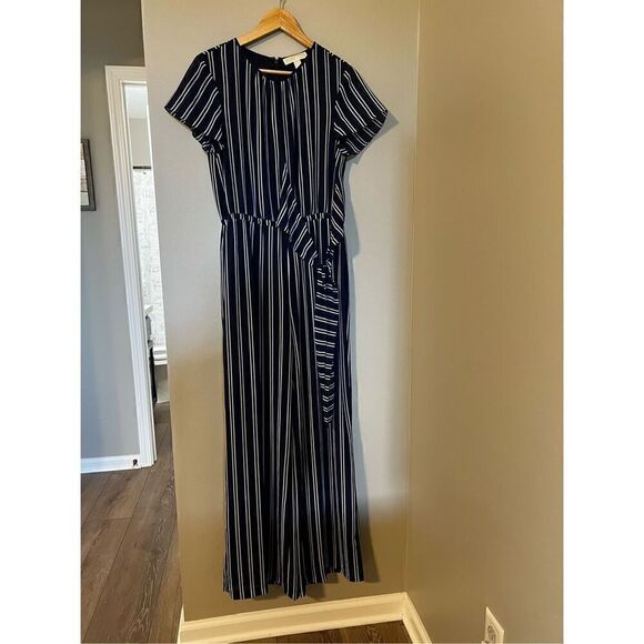 Michael by Michael Kors Women’s Size 10 Jumpsuit Navy Blue Striped Tie Waist - Picture 4 of 13
